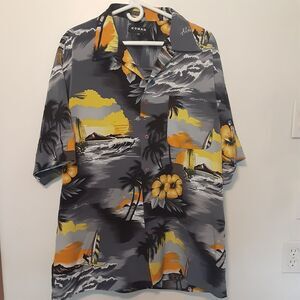 Koman Sport Mens Hawaiian Shirt Yellow Gray Short Sleeve Spread Collar Pocket XL